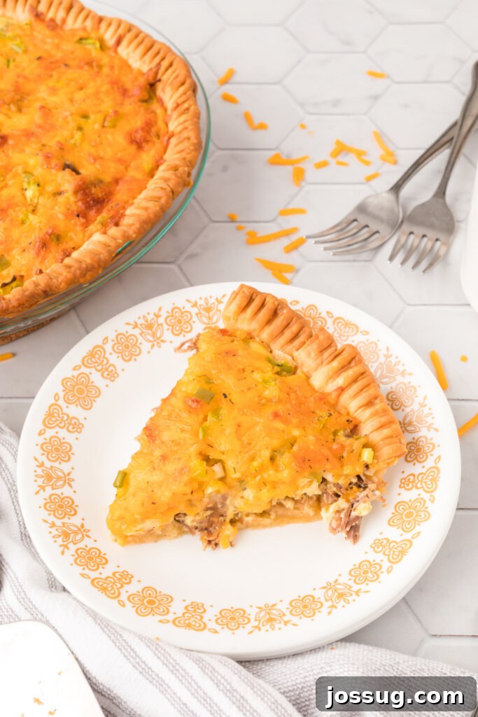 Savory Roast Beef and Gruyère Quiche 2 roast beef quiche slice on plate, a delicious and easy way to use leftovers