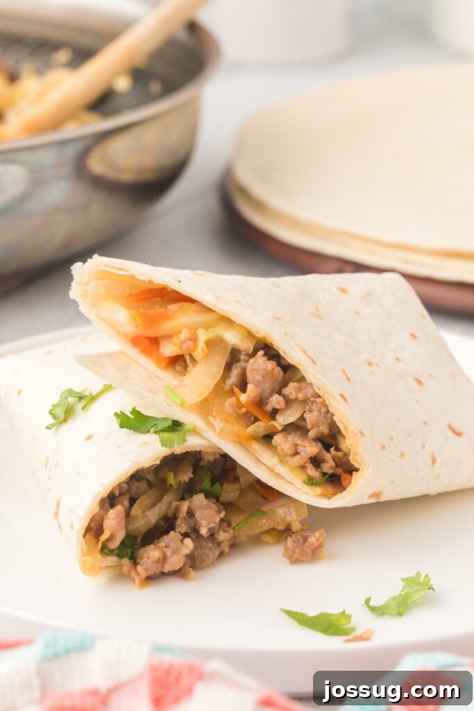 Two Thai Pork Burritos, one cut in half revealing the savory filling, served on a plate with fresh cilantro garnish.