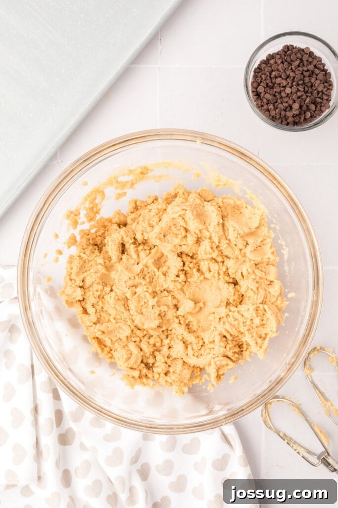 Smooth, combined cookie dough mixture in a bowl, perfectly blended and ready for the addition of chocolate chips.