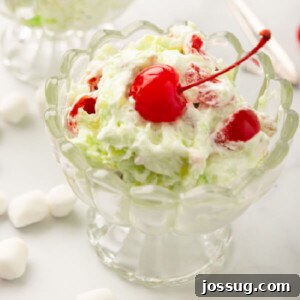 Green Jewel Salad 9 Finished pistachio salad garnished with maraschino cherries in a serving bowl.
