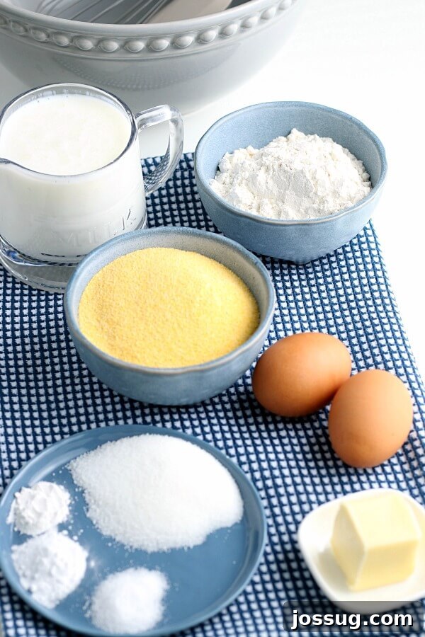 Ingredients for making delicious Cornbread Pancakes, laid out on a kitchen counter.
