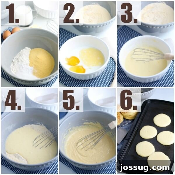 Step-by-step process for making Cornbread Pancakes, showing mixing ingredients.