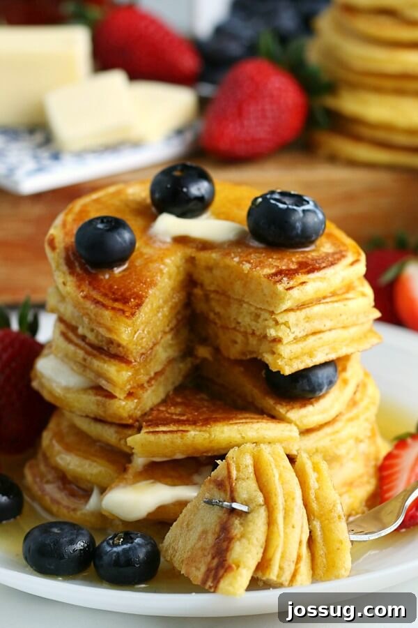 A stack of golden Cornbread Pancakes with a piece removed to show the inviting fluffy interior.