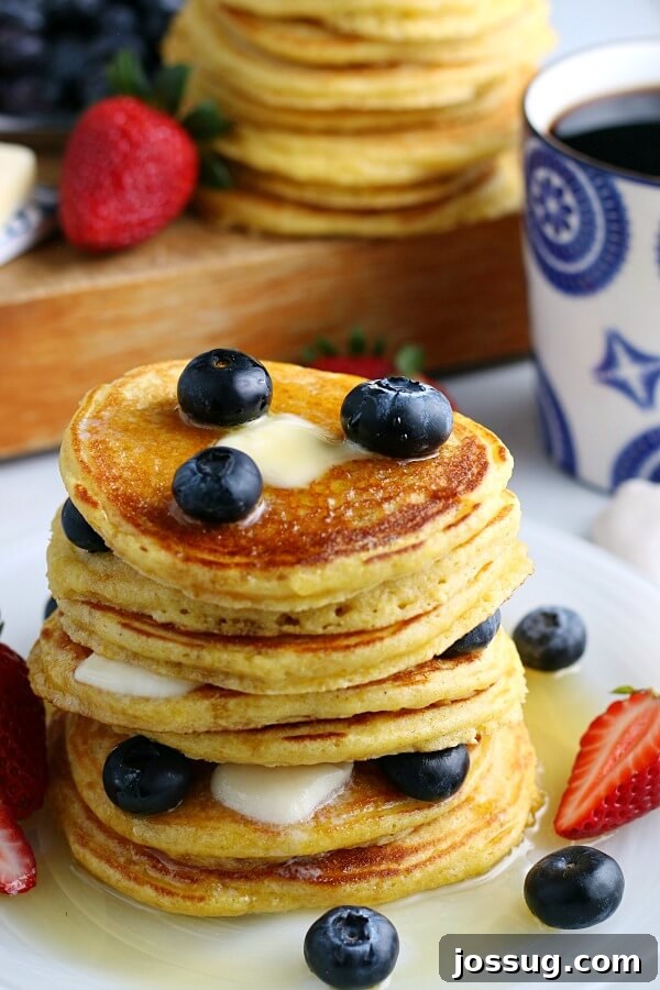 A beautiful stack of cornmeal cakes generously topped with fresh blueberries.