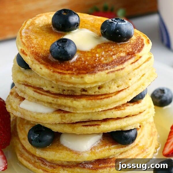 Closeup of a delectable stack of Cornbread Pancakes adorned with plump blueberries and glistening maple syrup.