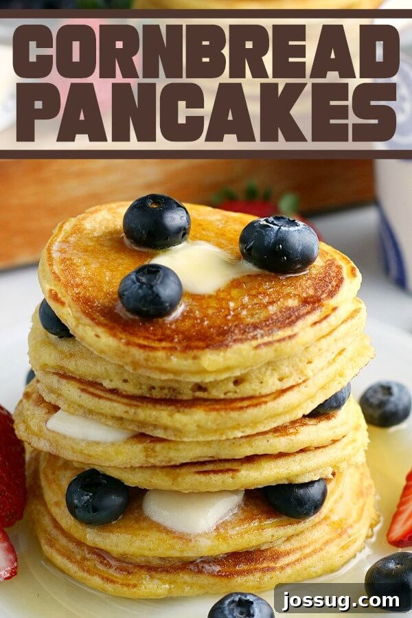 A tall stack of golden Cornbread Pancakes, richly drizzled with maple syrup and sprinkled with fresh blueberries.