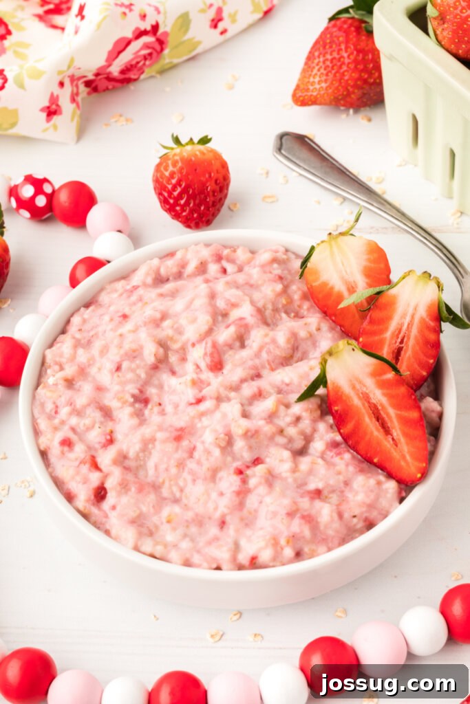 Strawberry Cloud Oatmeal 3 Bowl brimming with freshly prepared homemade strawberry oatmeal, ready to be enjoyed.