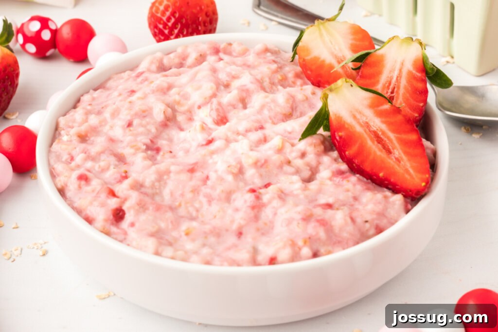 Strawberry Cloud Oatmeal 5 A beautifully garnished bowl of strawberry oatmeal, topped with fresh strawberry halves and a touch of cream.