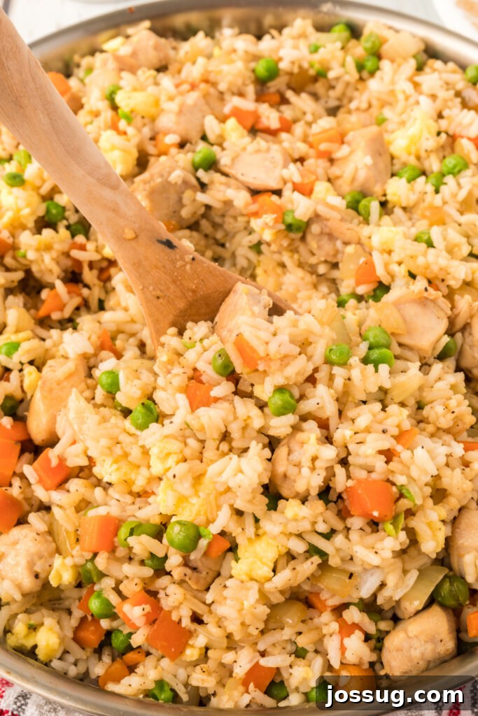 Skillet full of savory chicken fried rice, ready to be served