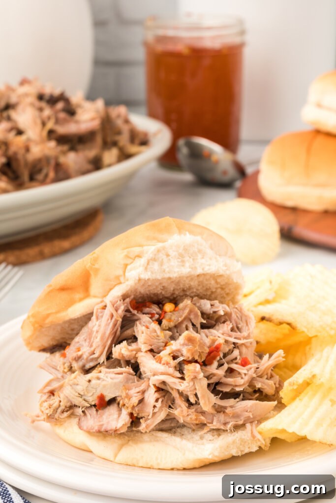 Delicious Eastern NC Slow Cooker Pulled Pork sandwich on a hamburger bun, generously coated with tangy vinegar-based BBQ sauce