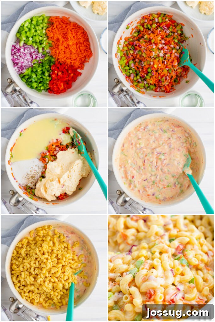 Ingredients for macaroni salad being mixed in a large bowl, illustrating the preparation process.