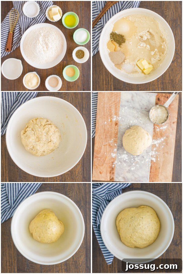 Close-up view of dough being prepared and mixed in a bowl, showcasing the early stages of breadstick making.