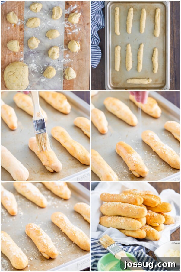 Hands rolling and shaping breadstick dough on a lightly floured surface, with finished unbaked breadsticks arranged on a baking sheet.