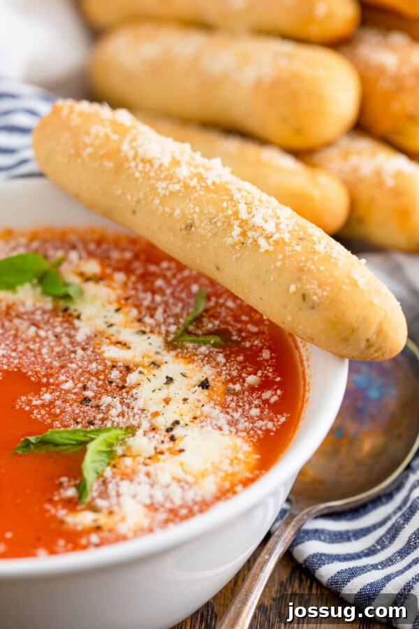 A bowl of rich marinara sauce with a single breadstick dipping into it, showing the perfect texture for soaking up sauce.