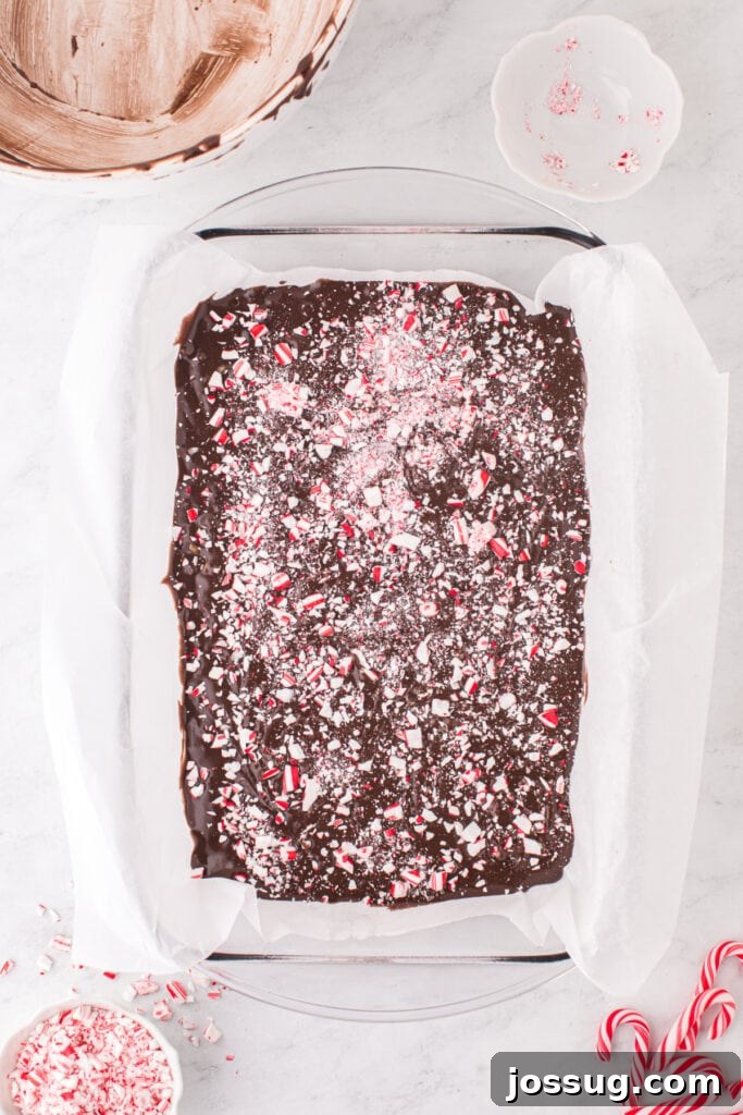 Candy Cane Swirl Brownies 8 Unbaked brownies topped with a layer of crushed candy canes before going into the oven.