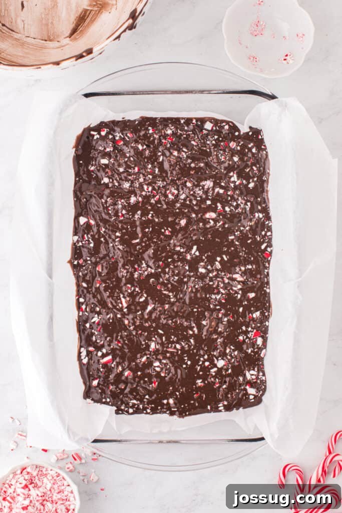 Candy Cane Swirl Brownies 9 A close view of the raw brownie batter swirled with crushed candy canes in a parchment-lined baking pan.