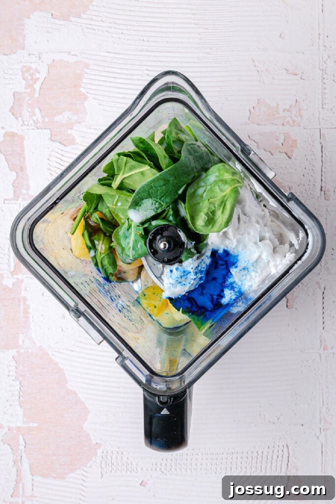 Tropical Blue Spirulina Smoothie Bowl 3 Blender with Frozen Fruit, Spinach, Coconut Cream, and Blue Spirulina