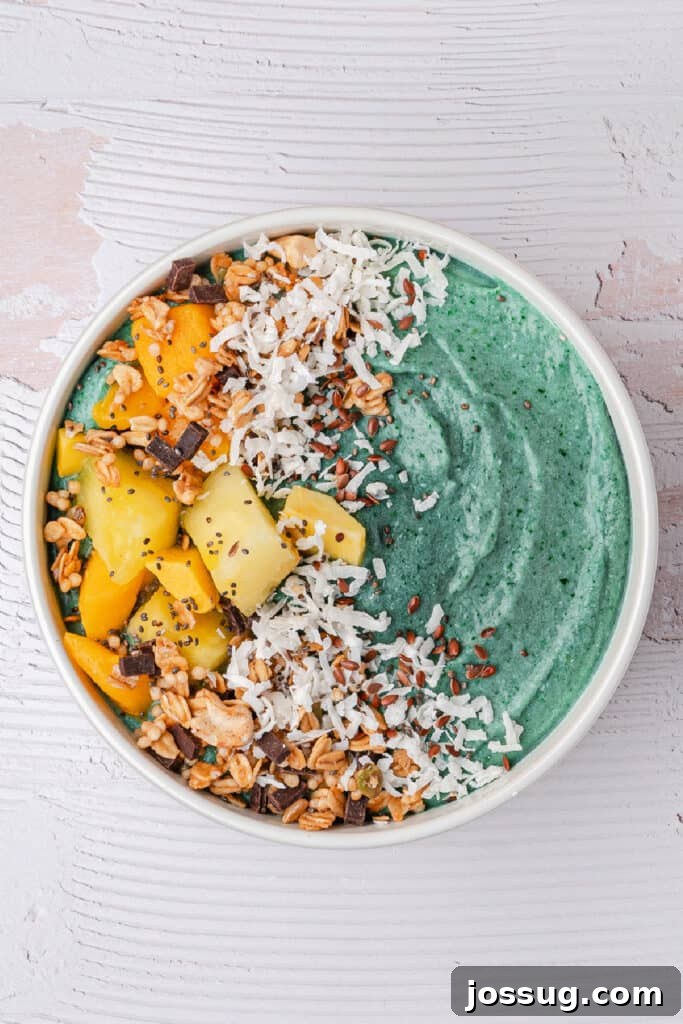 Blue Spirulina Smoothie Bowl Topped with Fruit, Coconut, Seeds, and Granola