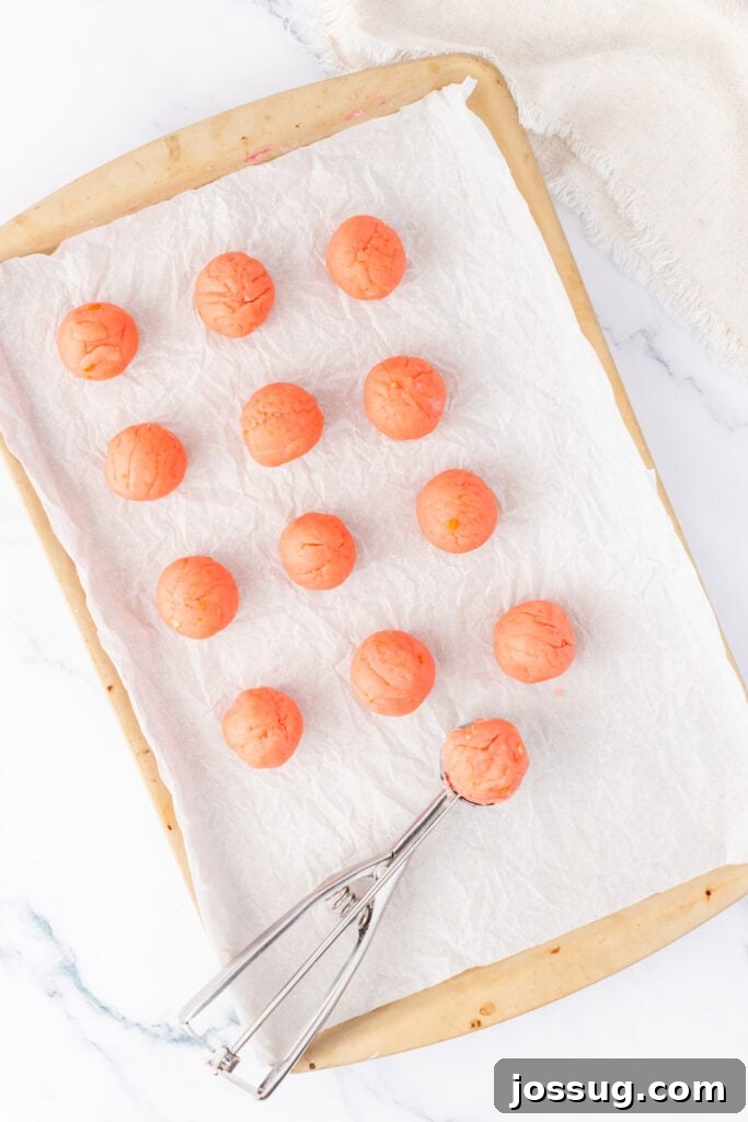 Pink truffle dough scooped into uniform balls and arranged on parchment paper using a cookie scoop.