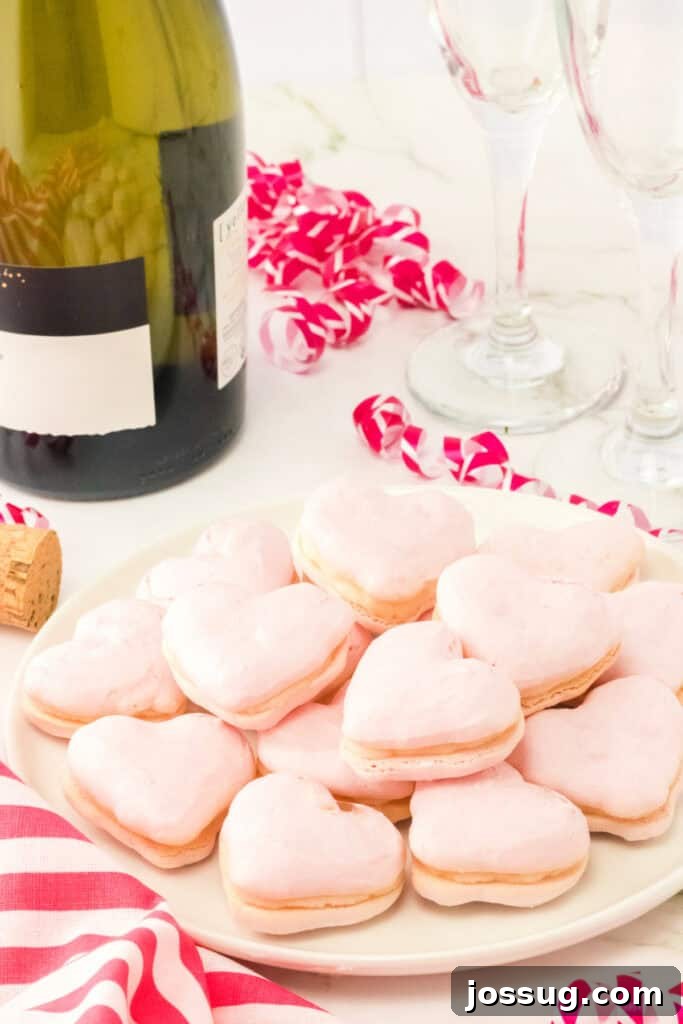 Heart-shaped pink Valentine macarons filled with vanilla buttercream, beautifully arranged on a white plate with champagne glasses in the background.
