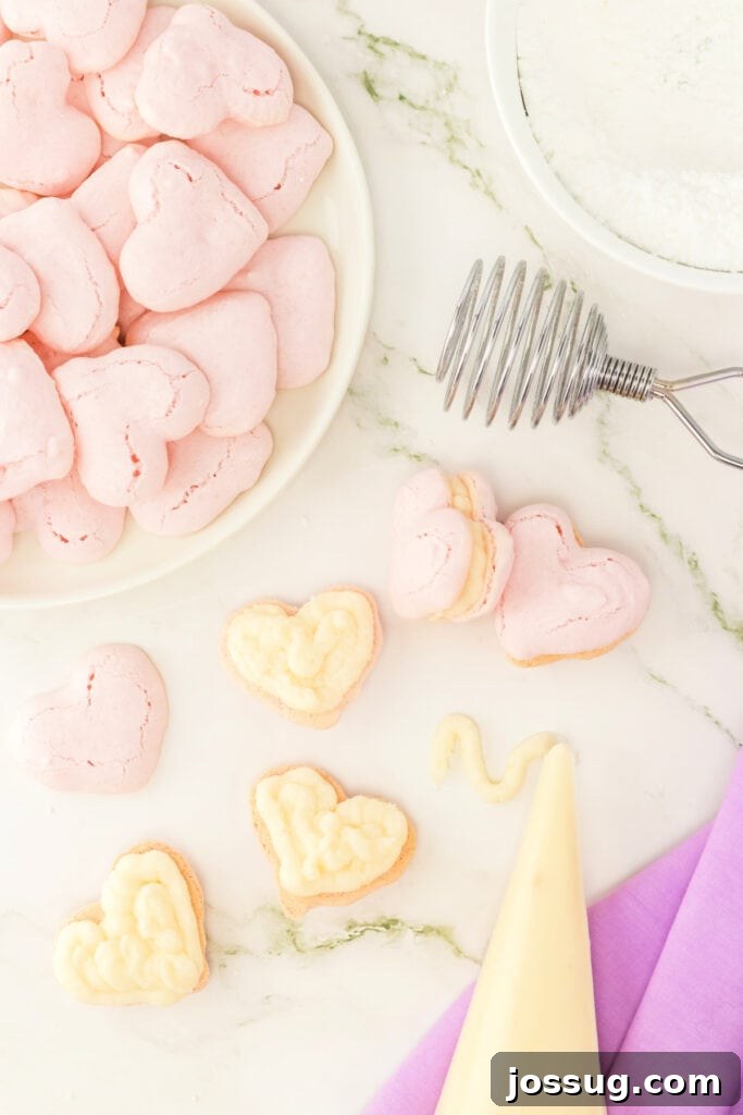 Filling Valentine macarons with vanilla buttercream using a piping bag.