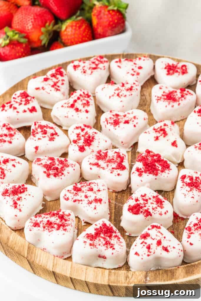 Strawberry Cream Truffle Hearts 14 Strawberries and cream truffle hearts arranged on a wooden board with fresh strawberries in the background