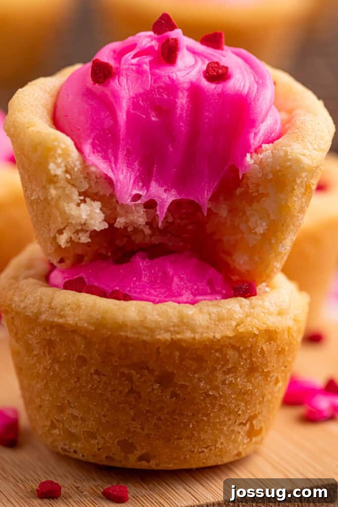 Valentine's Day Sugar Cookie Cups 6 Valentine sugar cookie cup broken open showing soft cookie texture and pink frosting inside