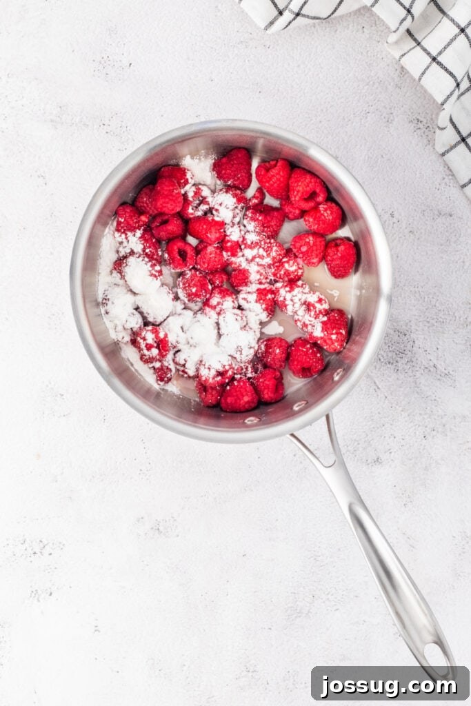 Raspberries, lemon juice, and cornstarch in a saucepan