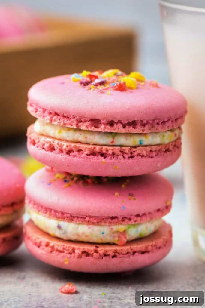 Two pink Fruity Pebbles macarons stacked, filled with speckled cereal milk buttercream and topped with crushed cereal