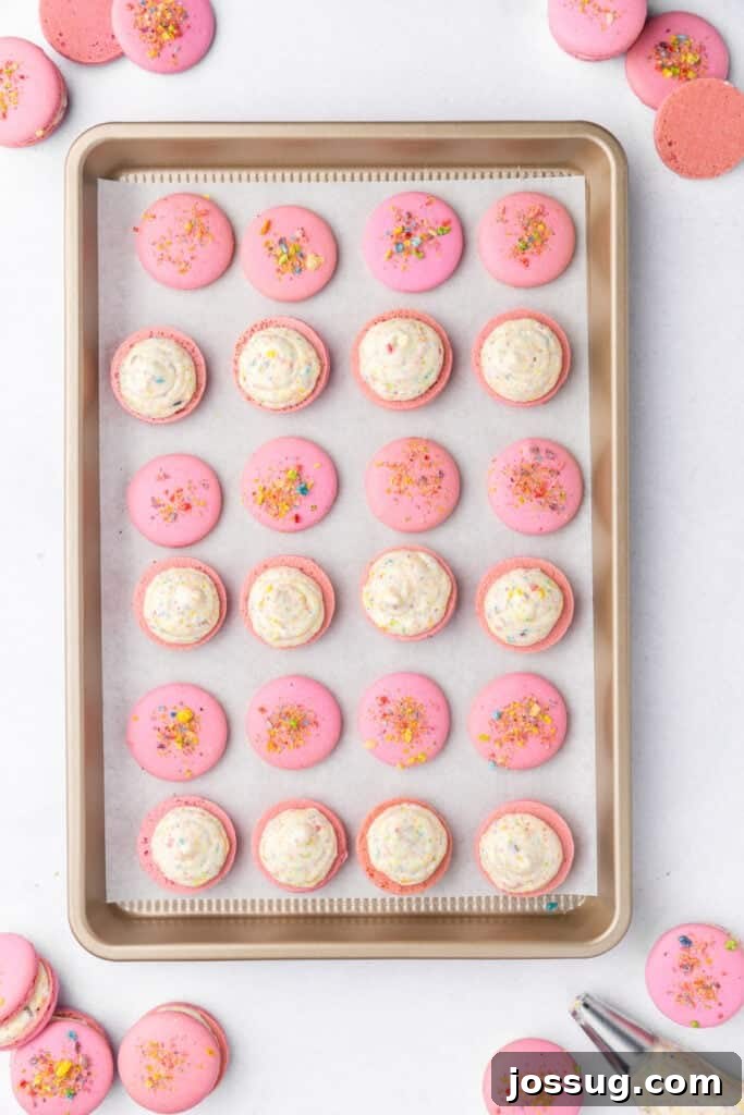macaron shells filled with fruity pebbles buttercream on a baking sheet