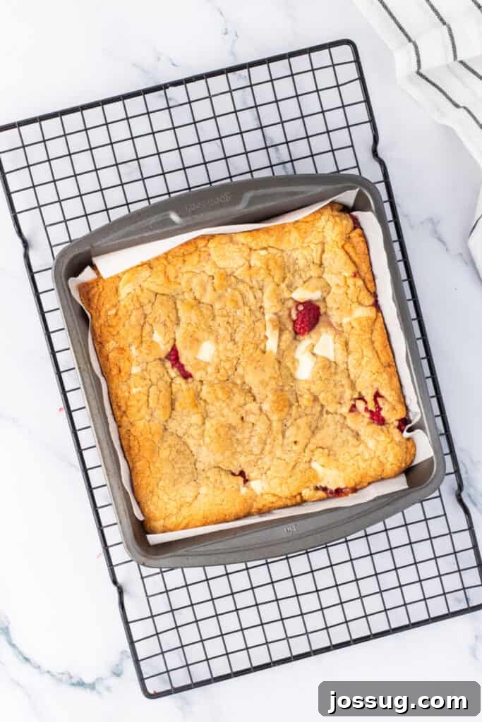 White Chocolate Raspberry Bliss Bars 9 Baked blondies cooling