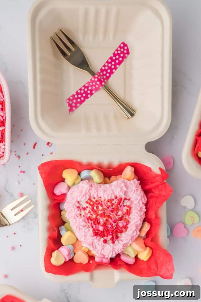Valentine's Day Mini Treat Cake 2 Heart-shaped Valentine's lunch box cake in a compostable takeout container with pink frosting, red sprinkles, and conversation heart candies