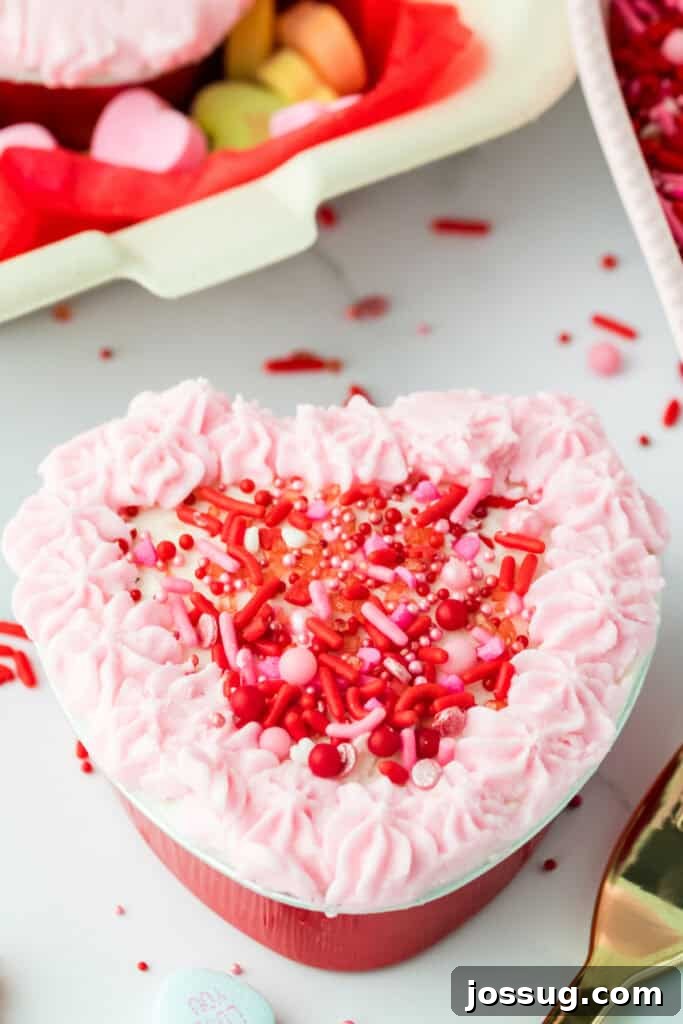 Valentine's Day Mini Treat Cake 17 Heart shaped cake decorated with piped pink frosting around the edges and Valentine sprinkles in the center