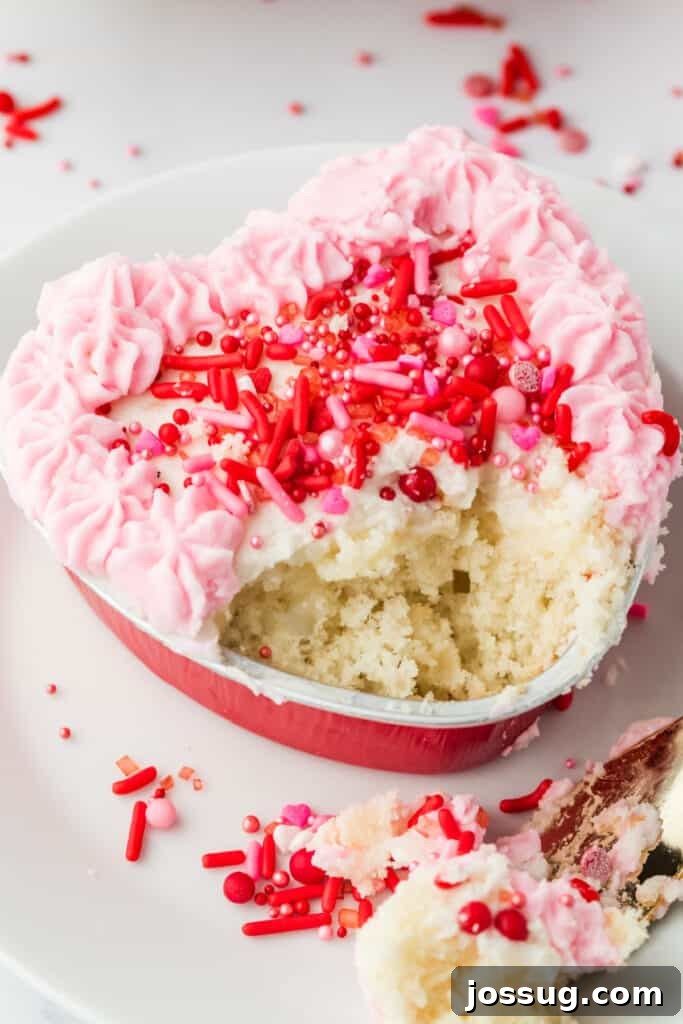 Valentine's Day Mini Treat Cake 18 Heart shaped Valentine lunch box cake with a bite removed, showing soft vanilla cake crumb and pink frosting