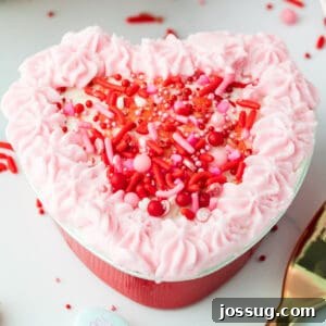Valentine's Day Mini Treat Cake 19 square-cropped image of a heart-shaped Valentine lunch box cake with pink frosting and red sprinkles