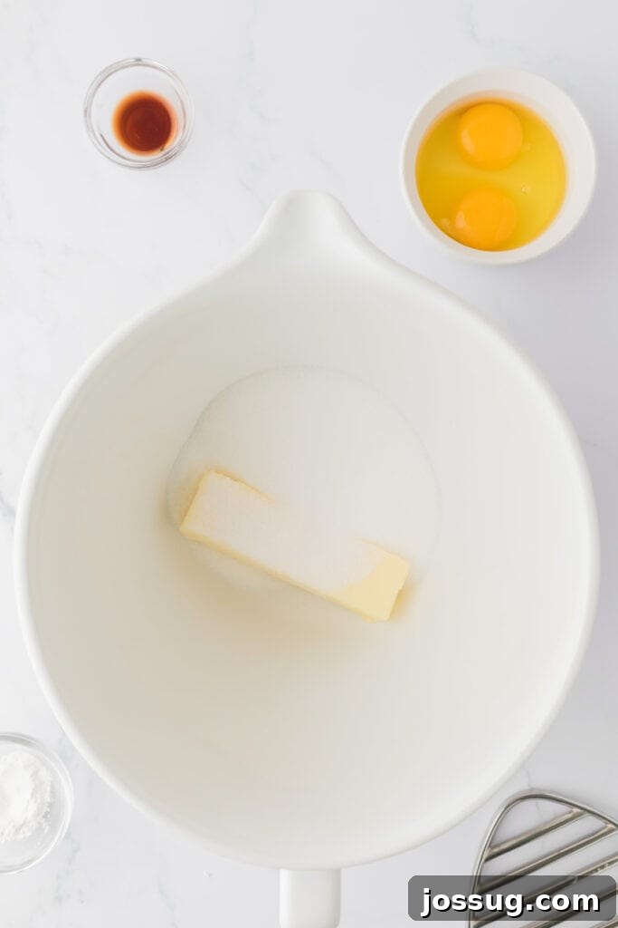 Valentine's Day Mini Treat Cake 4 Butter and sugar combined in a large white mixing bowl before creaming