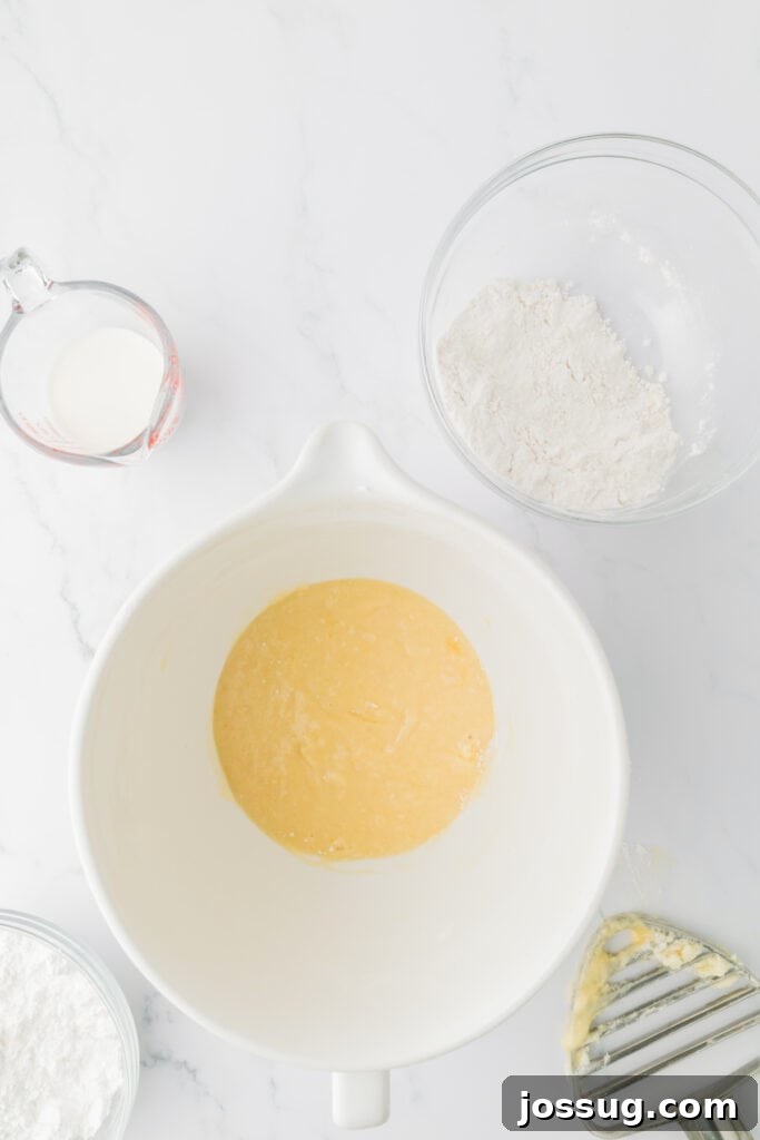 Valentine's Day Mini Treat Cake 7 Cake batter mixed until smooth and pale yellow in a white mixing bowl