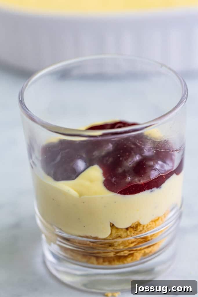 Creme Brulee Dream Trifle 14 Raspberry jam layered over vanilla custard in a clear dessert glass, adding a fruity sweetness.