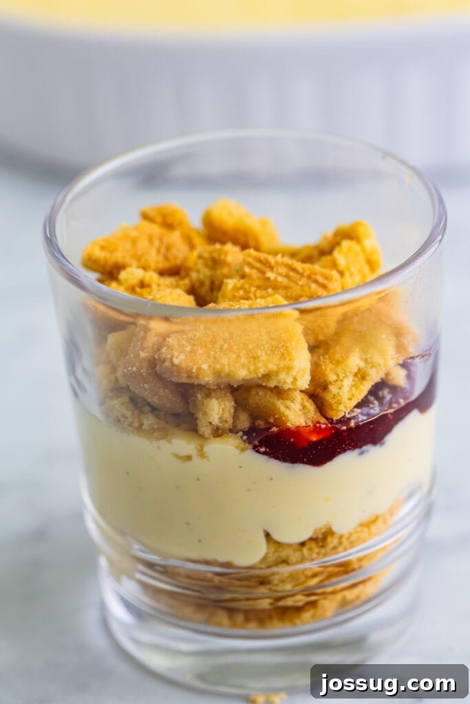 Creme Brulee Dream Trifle 15 Crushed shortbread cookies added as a layer over custard and jam, adding texture to the trifle.