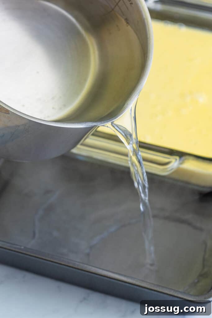 Creme Brulee Dream Trifle 9 Creme brulee custard baking in a water bath, ensuring even cooking and a creamy consistency.