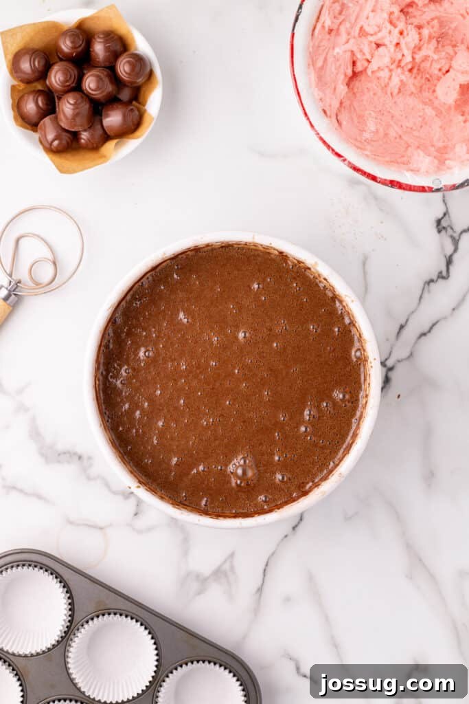 Overhead view of smooth chocolate cake batter