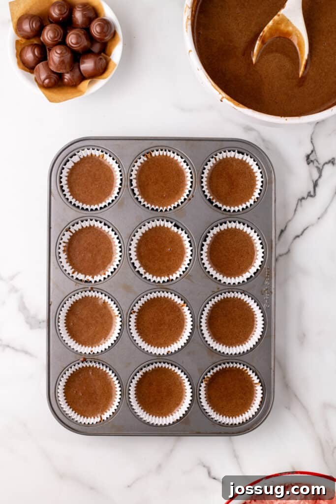 Overhead view of chocolate cake batter poured into lined cupcake wells