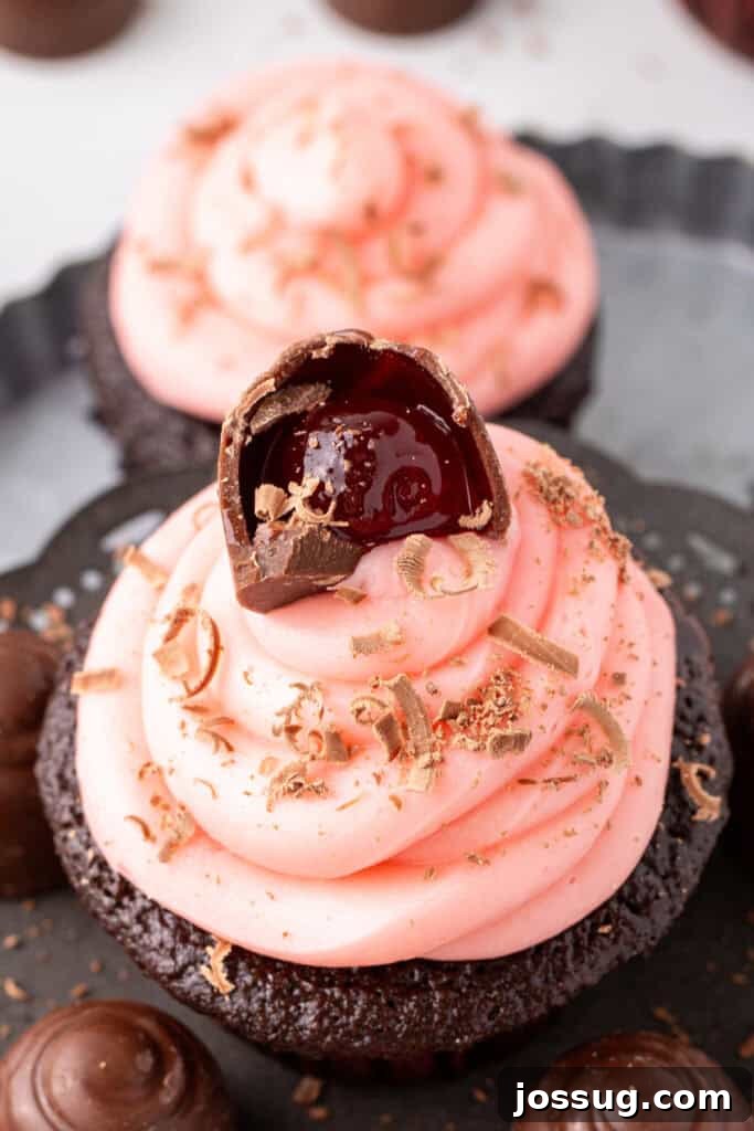 Close-up of a chocolate cupcake with pink cherry buttercream, chocolate shavings, and a halved chocolate covered cherry