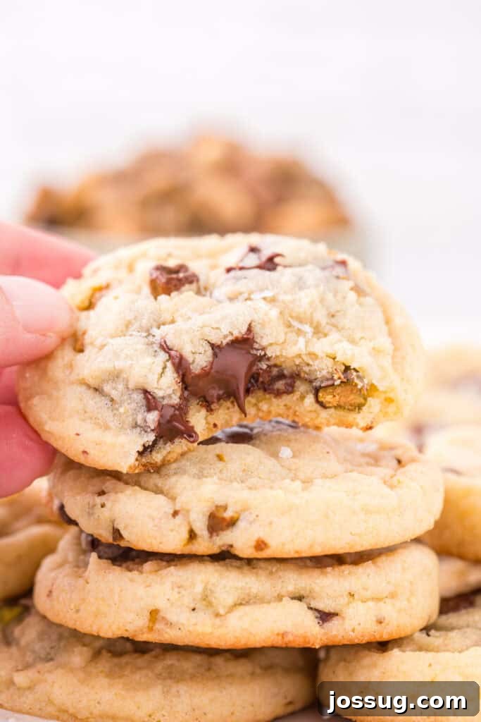Pistachio Dream Cookies 11 Broken pistachio chocolate chunk cookie with melted chocolate.