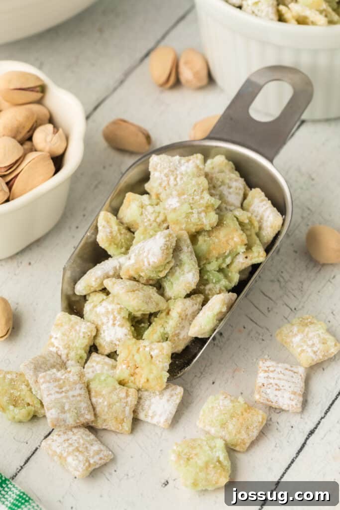 Pistachio Puppy Chow 14 Pistachio muddy buddies being scooped.