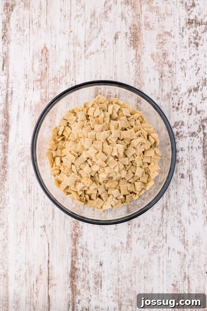 Rice Chex cereal in a glass bowl