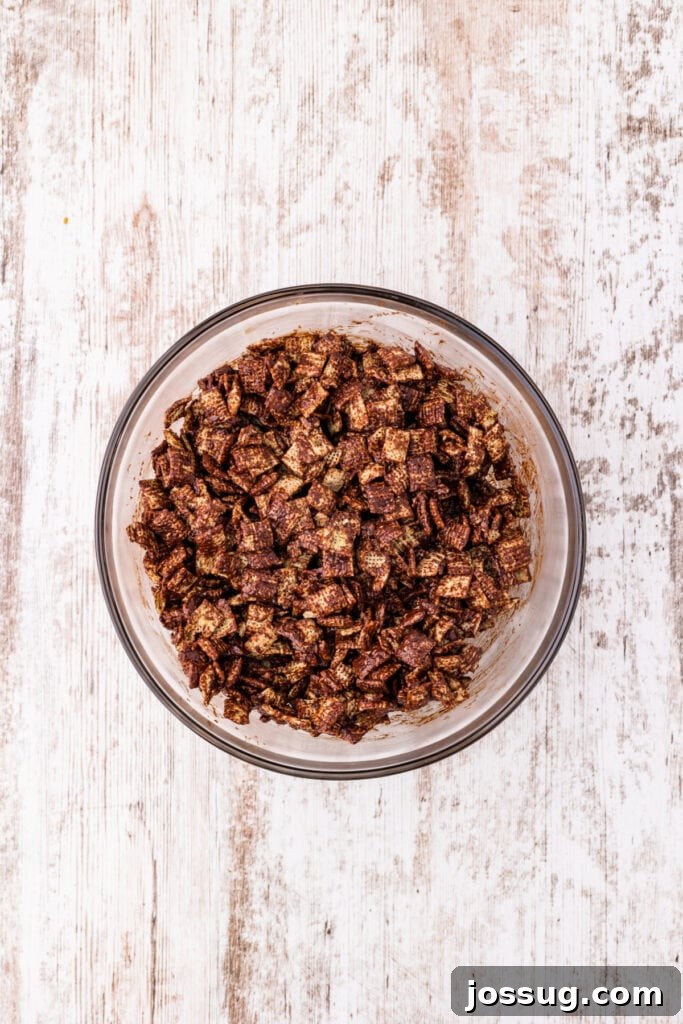 Chocolate-coated Rice Chex cereal in a bowl