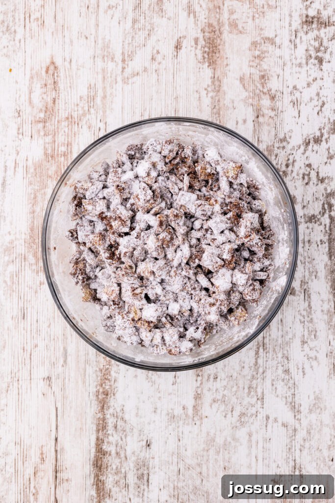 Powdered sugar-coated Rice Chex cereal in a bowl