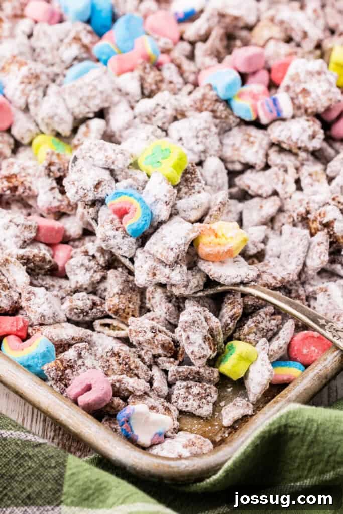 Close-up of Irish Cream Muddy Buddies with Lucky Charms marshmallows