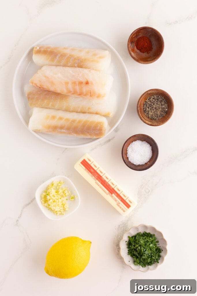 Ingredients to make lemon garlic baked cod